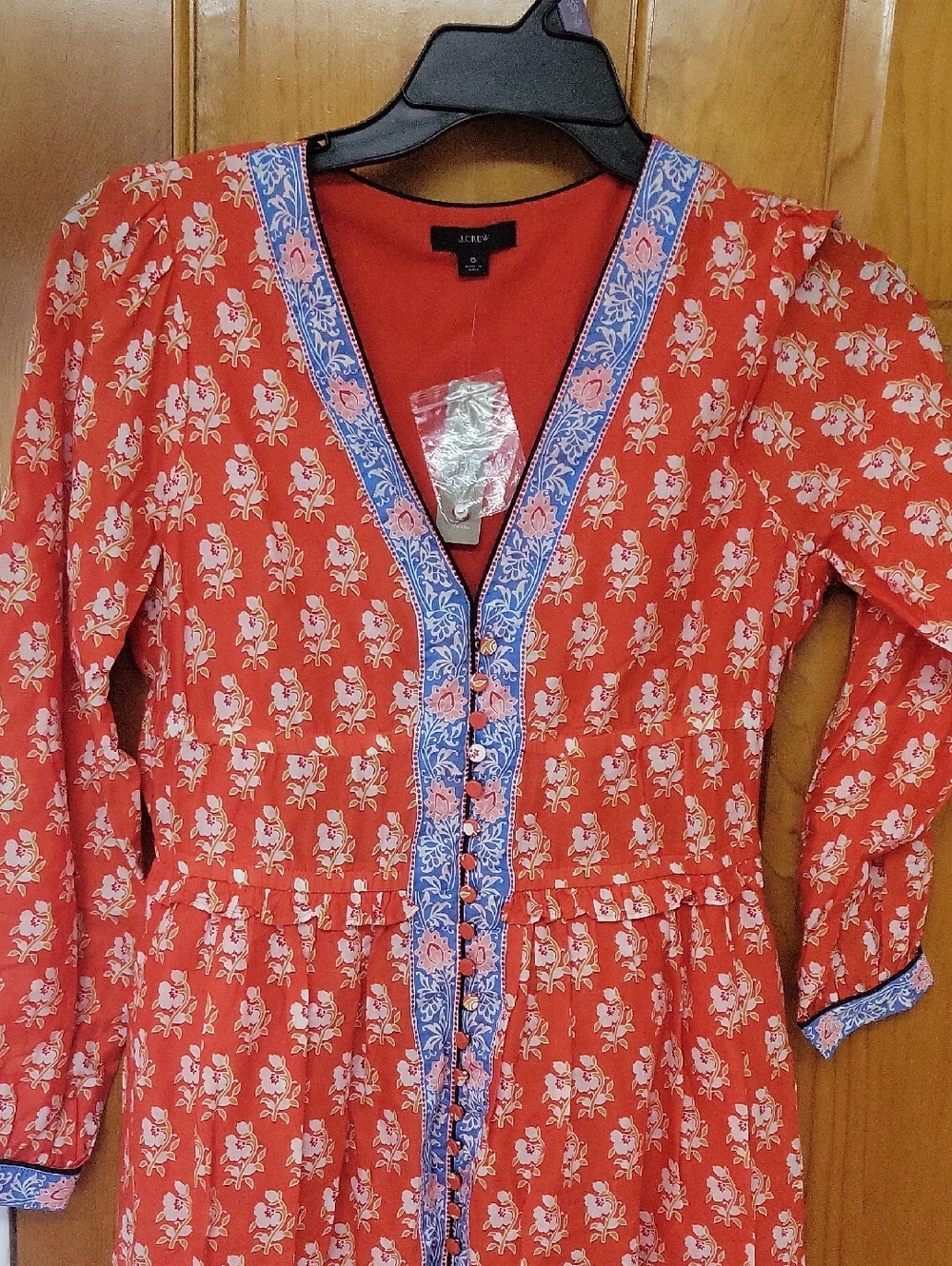 J. Crew Red Printed Button Front Midi Dress with Blue Trim size 6 NWT - Picture 4 of 8